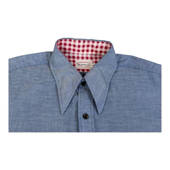 VINTAGE 70s Hall-Prest Large Button Dagger Collar Denim Color DRESS SHIRT Rare - Picture 12 of 14